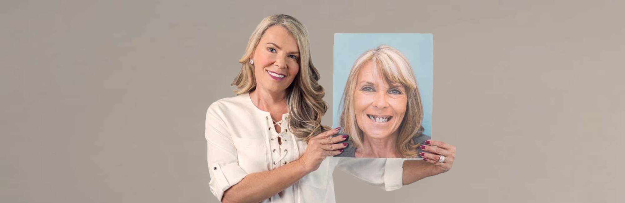 Advanced periodontal disease patient shows off her before photo while flashing her new healthy smile