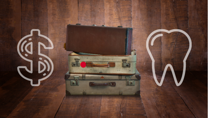 Illustration of a tooth and dollar sign next to a stack of old suitcases