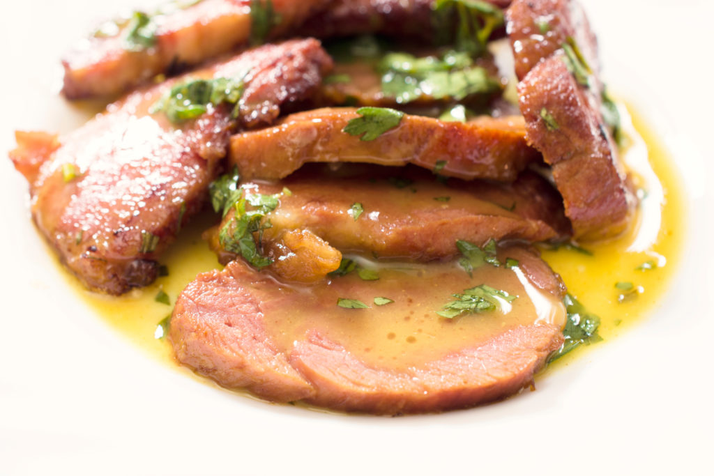 Juicy turkey meat in the sauce on white background