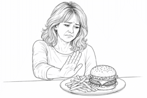 Pushing away food denture discomfort