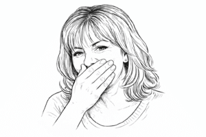 Woman hiding teeth with hand
