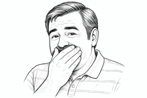 Man hiding teeth with hands