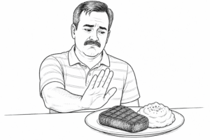 dad pushing away food denture discomfort