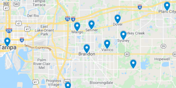 Map showing location of dental implant patients in or near Brandon, FL