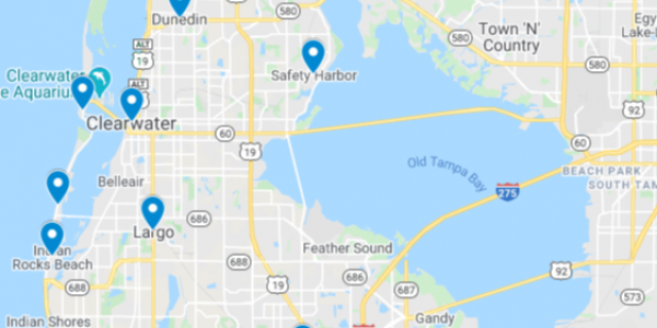Map showing location of dental implant patients in or near Clearwater, FL