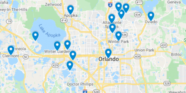 Map showing location of dental implant patients from all around Orlando, FL