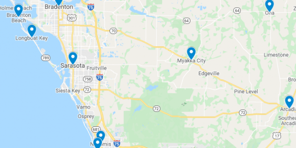 Map of dental patients from across Sarasota, FL