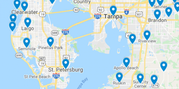 Map showing location of dental implant patients in or near St Petersburg, FL