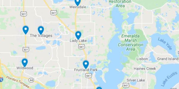 Map showing location of dental implant patients in or near The Villages, FL